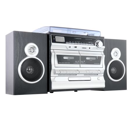Trexonic 3-Speed Vinyl Turntable  Home Stereo System with CD Player, Double Cassette Player, Bluetooth, FM Radio & USB/SD Recording